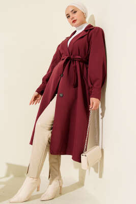 Kruvaze Yaka Kuşak Detaylı Trençkot Bordo - Trençkot