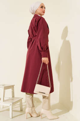 Kruvaze Yaka Kuşak Detaylı Trençkot Bordo - Trençkot
