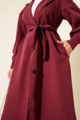 Kruvaze Yaka Kuşak Detaylı Trençkot Bordo - Trençkot