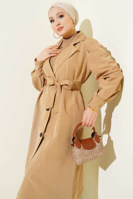 Kruvaze Yaka Kuşak Detaylı Trençkot Camel - Trençkot