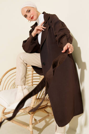 Kruvaze Yaka Kuşak Detaylı Trençkot Kahve - Trençkot