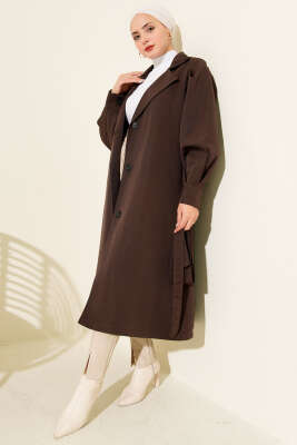 Kruvaze Yaka Kuşak Detaylı Trençkot Kahve - Trençkot