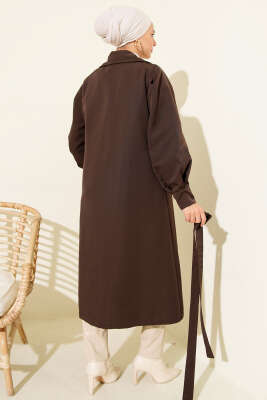 Kruvaze Yaka Kuşak Detaylı Trençkot Kahve - Trençkot