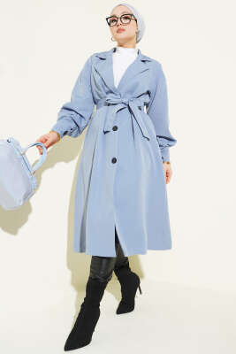 Kruvaze Yaka Kuşak Detaylı Trençkot Mavi 