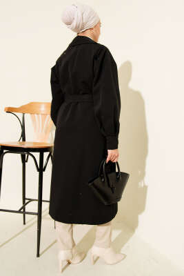 Kruvaze Yaka Kuşak Detaylı Trençkot Siyah - Trençkot