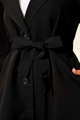 Kruvaze Yaka Kuşak Detaylı Trençkot Siyah - Trençkot