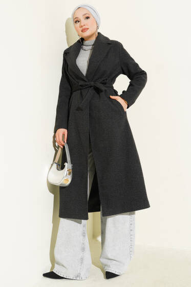 Kruvaze Yaka Kuşaklı Astarlı Kaban Antrasit - Kaban