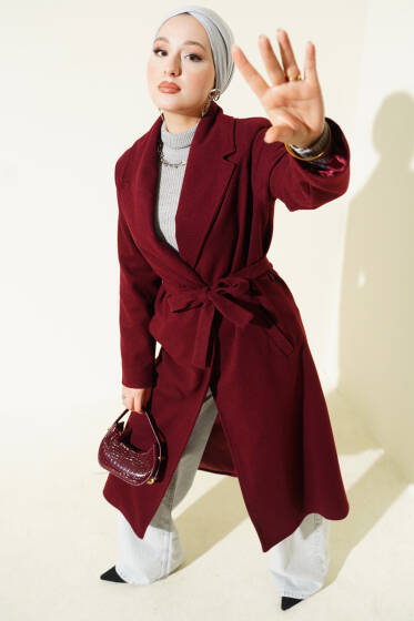 Kruvaze Yaka Kuşaklı Astarlı Kaban Bordo - Kaban
