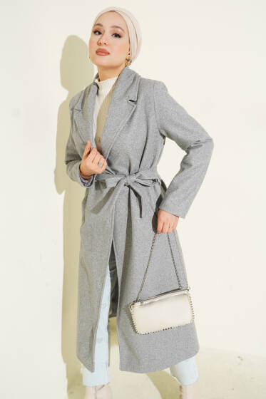 Kruvaze Yaka Kuşaklı Astarlı Kaban Gri - Kaban