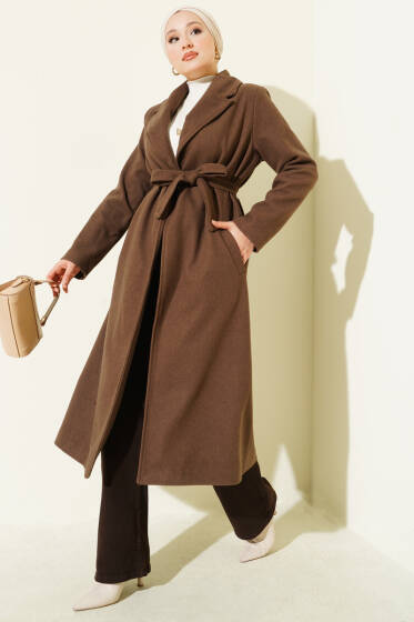 Kruvaze Yaka Kuşaklı Astarlı Kaban Kahve - Kaban