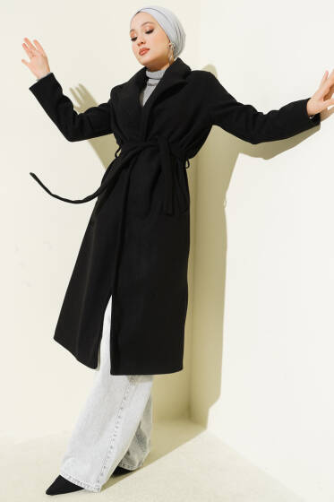 Kruvaze Yaka Kuşaklı Astarlı Kaban Siyah - Kaban