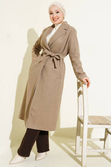 Kruvaze Yaka Kuşaklı Astarlı Kaban Vizon - Kaban