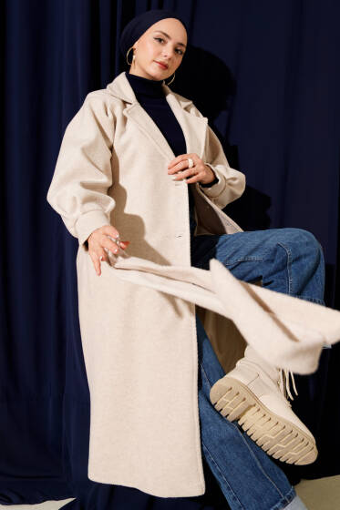 Kruvaze Yaka Kuşaklı Astarlı Kaşe Kaban Bej - Kaban