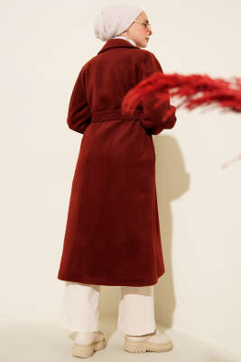 Kruvaze Yaka Kuşaklı Astarlı Kaşe Kaban Bordo - Kaban