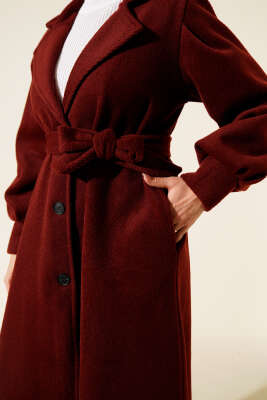 Kruvaze Yaka Kuşaklı Astarlı Kaşe Kaban Bordo - Kaban