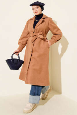 Kruvaze Yaka Kuşaklı Astarlı Kaşe Kaban Camel 