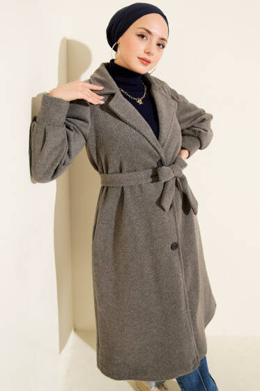 Kruvaze Yaka Kuşaklı Astarlı Kaşe Kaban Füme - Kaban