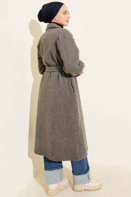 Kruvaze Yaka Kuşaklı Astarlı Kaşe Kaban Füme - Kaban