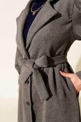 Kruvaze Yaka Kuşaklı Astarlı Kaşe Kaban Füme - Kaban