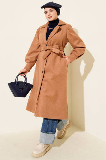 Kruvaze Yaka Kuşaklı Astarlı Kaşe Kaban Füme - Kaban