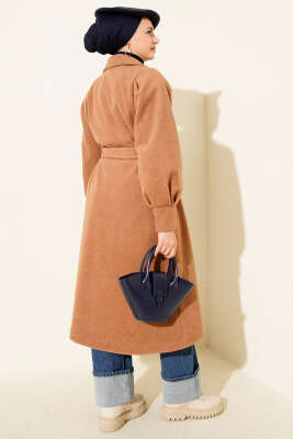 Kruvaze Yaka Kuşaklı Astarlı Kaşe Kaban Füme - Kaban