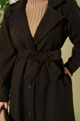 Kruvaze Yaka Kuşaklı Astarlı Kaşe Kaban Koyu Haki - Kaban