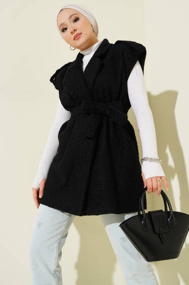 Kruvaze Yaka Kuşaklı Buklet Yelek Siyah - Yelek
