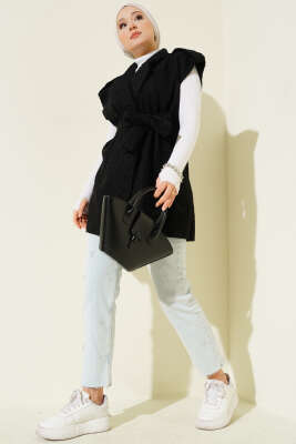 Kruvaze Yaka Kuşaklı Buklet Yelek Siyah - Yelek