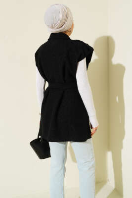 Kruvaze Yaka Kuşaklı Buklet Yelek Siyah - Yelek