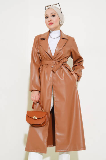 Kruvaze Yaka Kuşaklı Deri Trençkot Taba - Trençkot