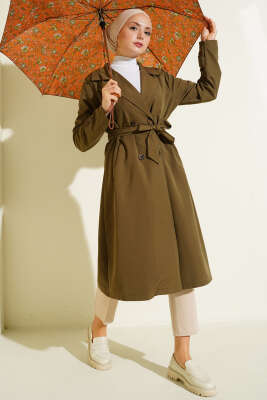 Kruvaze Yaka Kuşaklı Düğmeli Trençkot Haki - MUSTİ