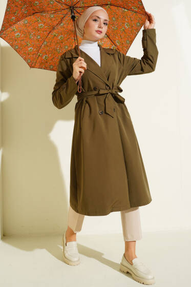 Kruvaze Yaka Kuşaklı Düğmeli Trençkot Haki - Trençkot