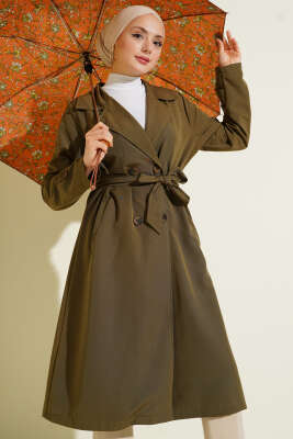 Kruvaze Yaka Kuşaklı Düğmeli Trençkot Haki - Trençkot