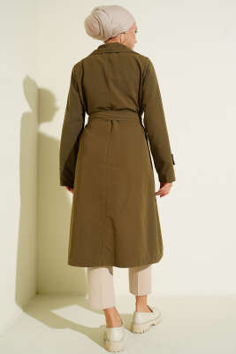 Kruvaze Yaka Kuşaklı Düğmeli Trençkot Haki - Trençkot