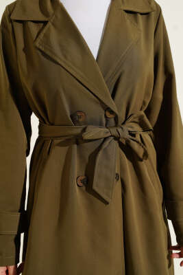 Kruvaze Yaka Kuşaklı Düğmeli Trençkot Haki - Trençkot