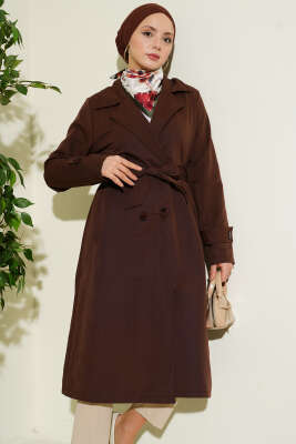 Kruvaze Yaka Kuşaklı Düğmeli Trençkot Kahve - Trençkot