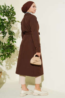 Kruvaze Yaka Kuşaklı Düğmeli Trençkot Kahve - Trençkot