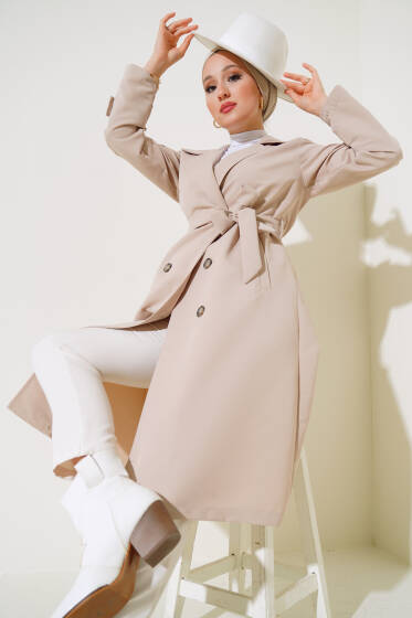 Kruvaze Yaka Kuşaklı Düğmeli Trençkot Taş - Trençkot