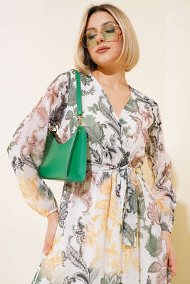 Kruvaze Yaka Kuşaklı Elbise Haki - Kadın Giyim Modelleri