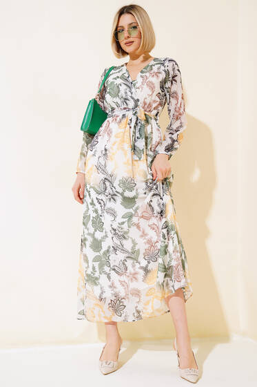 Kruvaze Yaka Kuşaklı Elbise Haki - Yeni Giyim