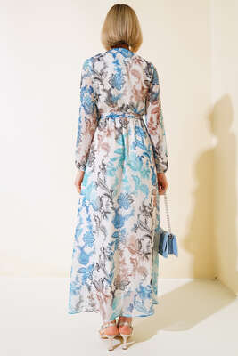 Kruvaze Yaka Kuşaklı Elbise Mavi - Kadın Giyim Modelleri