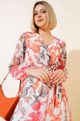 Kruvaze Yaka Kuşaklı Elbise Oranj - Kadın Giyim Modelleri