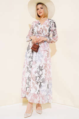 Kruvaze Yaka Kuşaklı Elbise Pudra