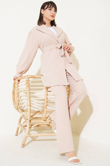 Kruvaze Yaka Kuşaklı İkili Takım Bej - İkili Takım