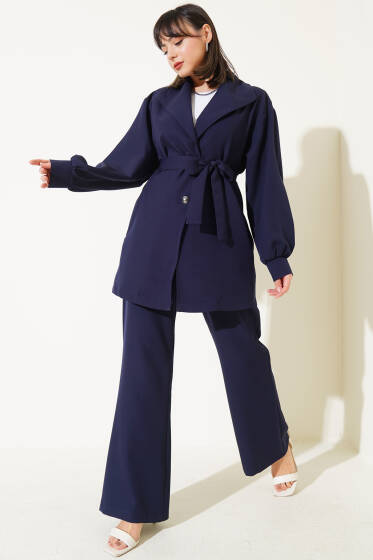Kruvaze Yaka Kuşaklı İkili Takım Lacivert - İkili Takım