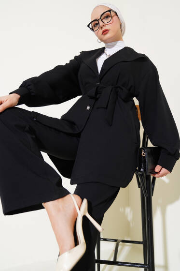 Kruvaze Yaka Kuşaklı İkili Takım Siyah - İkili Takım