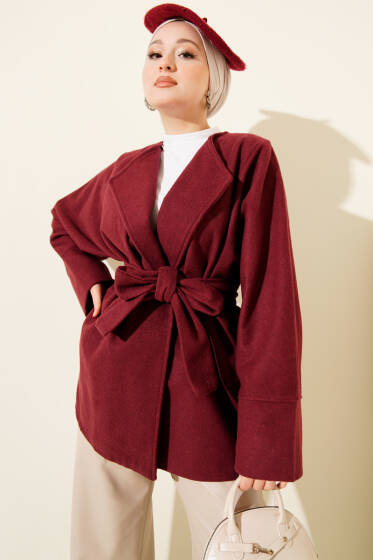 Kruvaze Yaka Kuşaklı Kaşe Ceket Bordo - Ceket