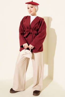 Kruvaze Yaka Kuşaklı Kaşe Ceket Bordo - Ceket