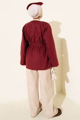 Kruvaze Yaka Kuşaklı Kaşe Ceket Bordo - Ceket