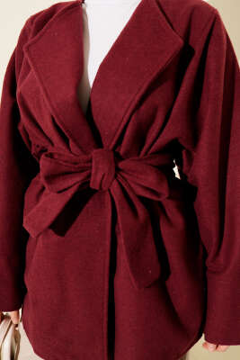 Kruvaze Yaka Kuşaklı Kaşe Ceket Bordo - Ceket